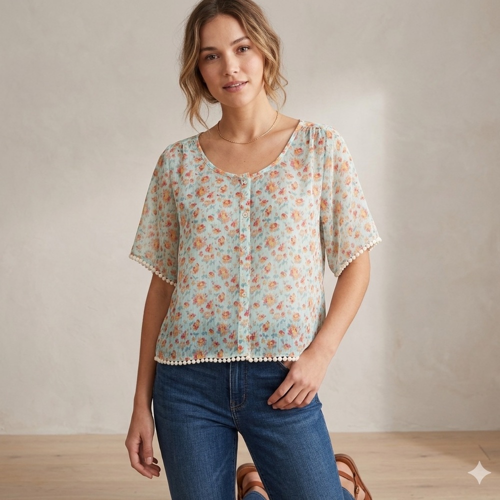 MUDD Floral Short Sleeve Sheer Blouse in Green